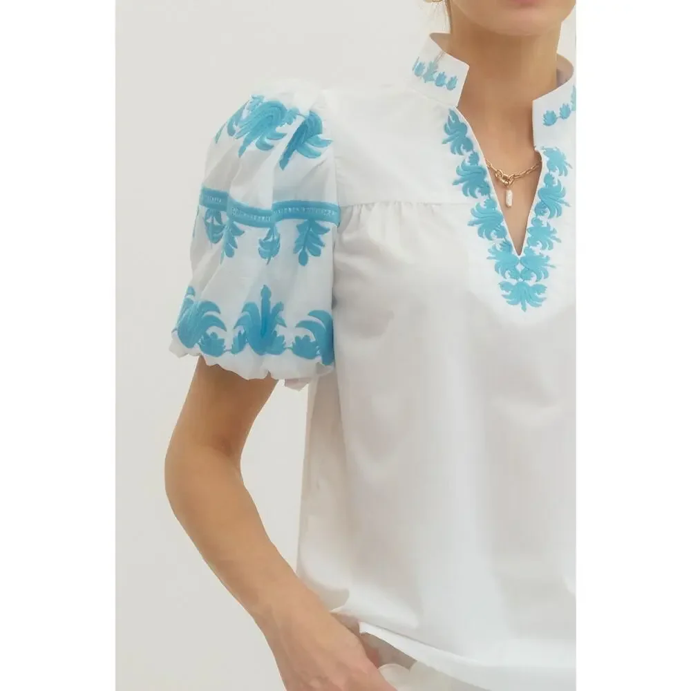 Entro NWT Off White Blue Embroidered Bubble Sleeve Blouse M
